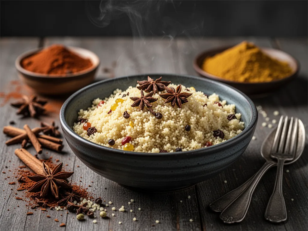 Bol en terre cuite rempli d'un mélange d'épices pour couscous, avec des bâtons de cannelle, du gingembre séché et des