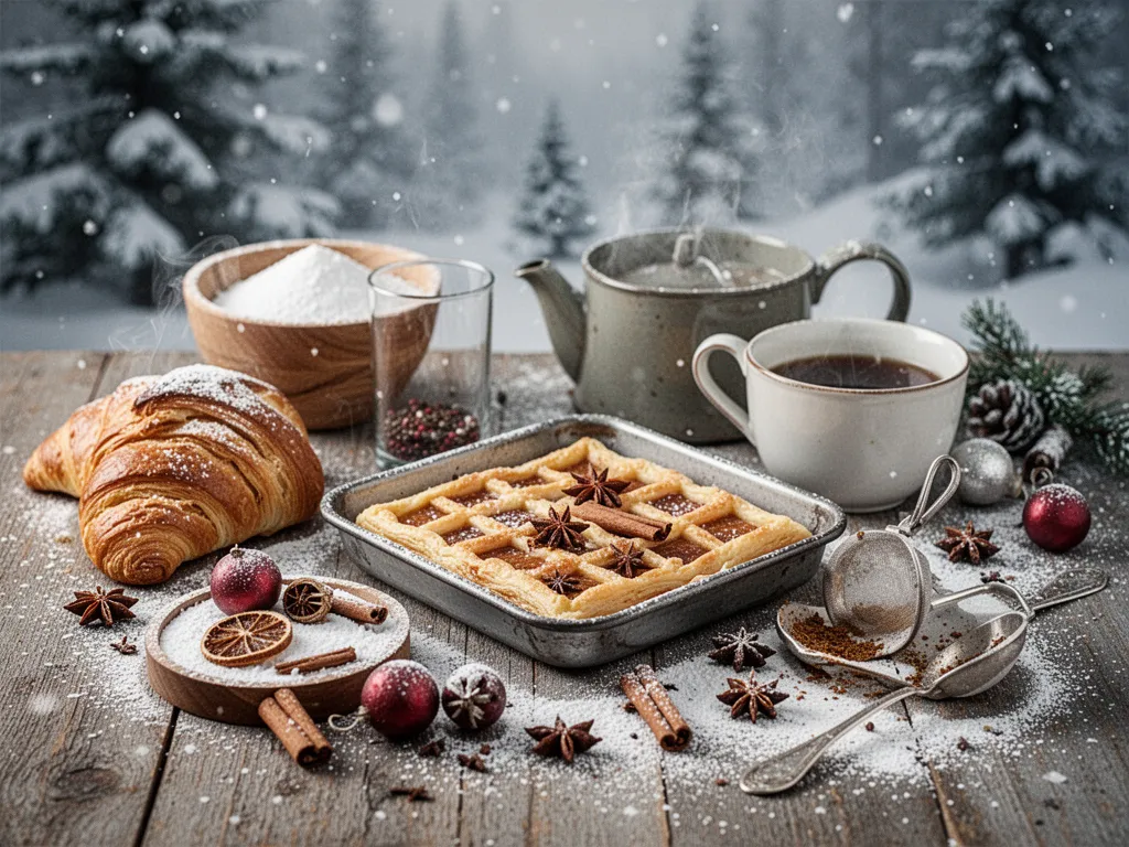 Assortiment de plats d'hiver fumants : soupe de potiron, gratin de pâtes, dafina, et parts de gâteau au chocolat parvé sur