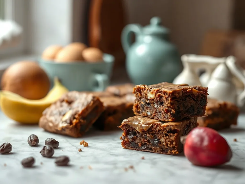 Carrés de brownies à la patate douce sur une assiette, légèrement craquelés, avec un cœur fondant et des éclats de chocolat