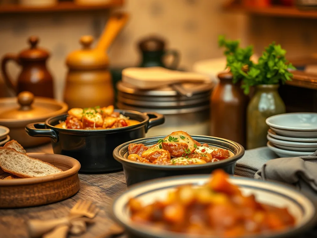 Plat de cassoulet gratiné au four avec une croûte dorée, haricots blancs, morceaux de canard et saucisses, dans un plat en
