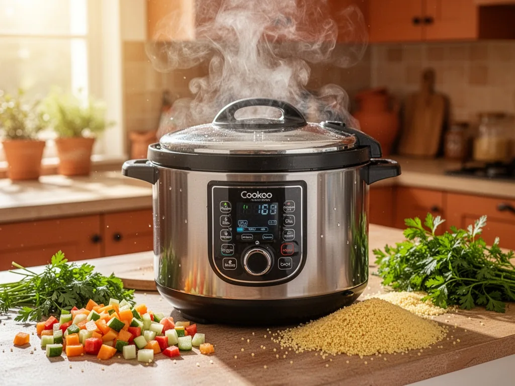 A Cookeo pressure cooker on a countertop, steam rising gently, chopped vegetables and couscous grains scattered around,