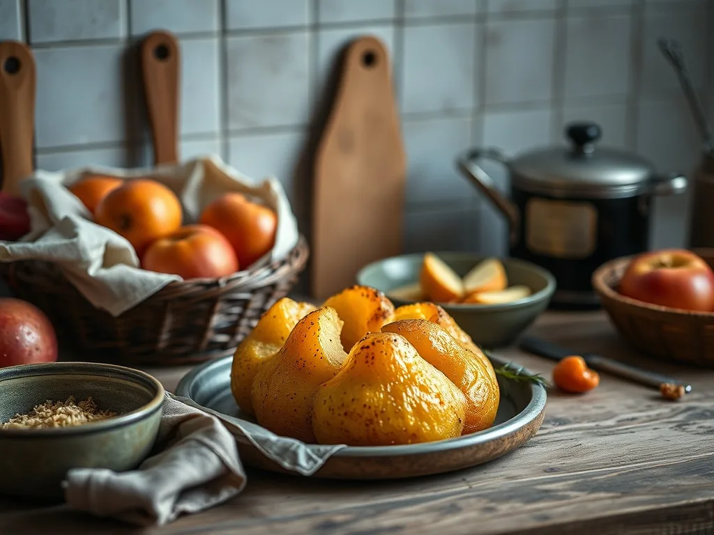 Croustade aux pommes dorée dans un moule en céramique, saupoudrée de sucre glace, avec une part découpée laissant voir les