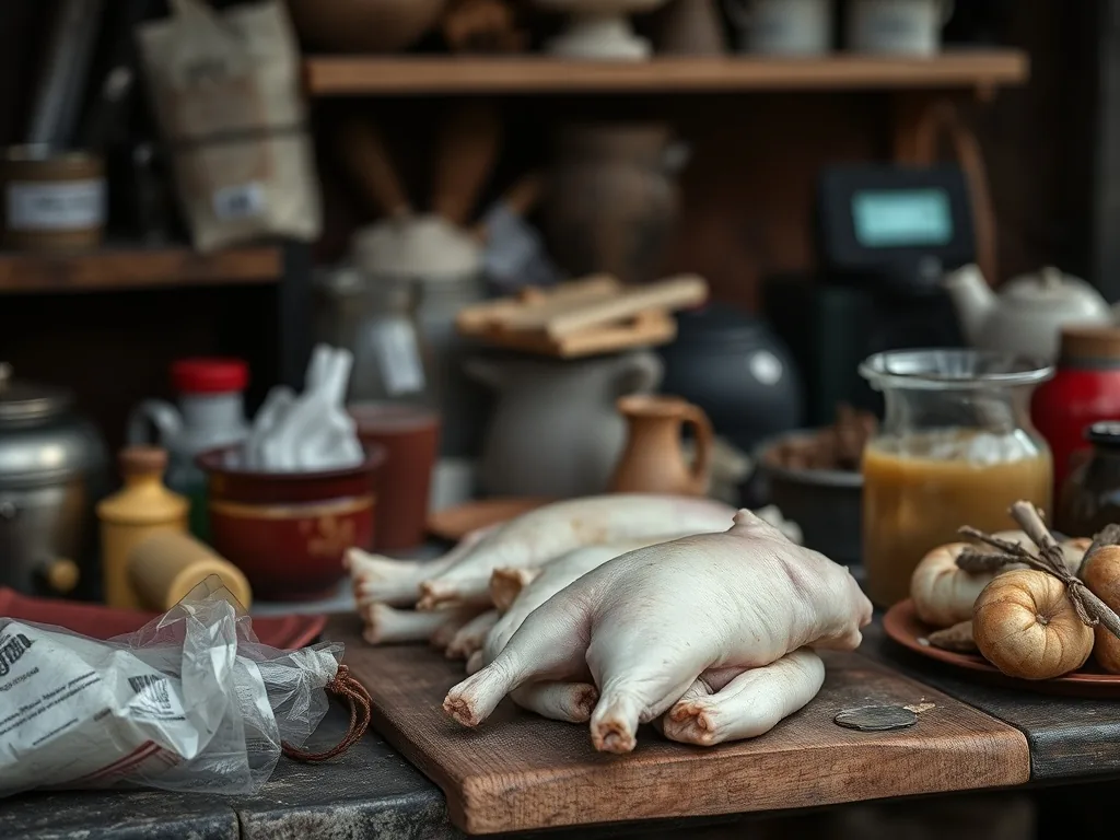 Deux cuisses de pintade dorées dans une sauce onctueuse aux champignons, servies dans une assiette creuse avec des échalotes