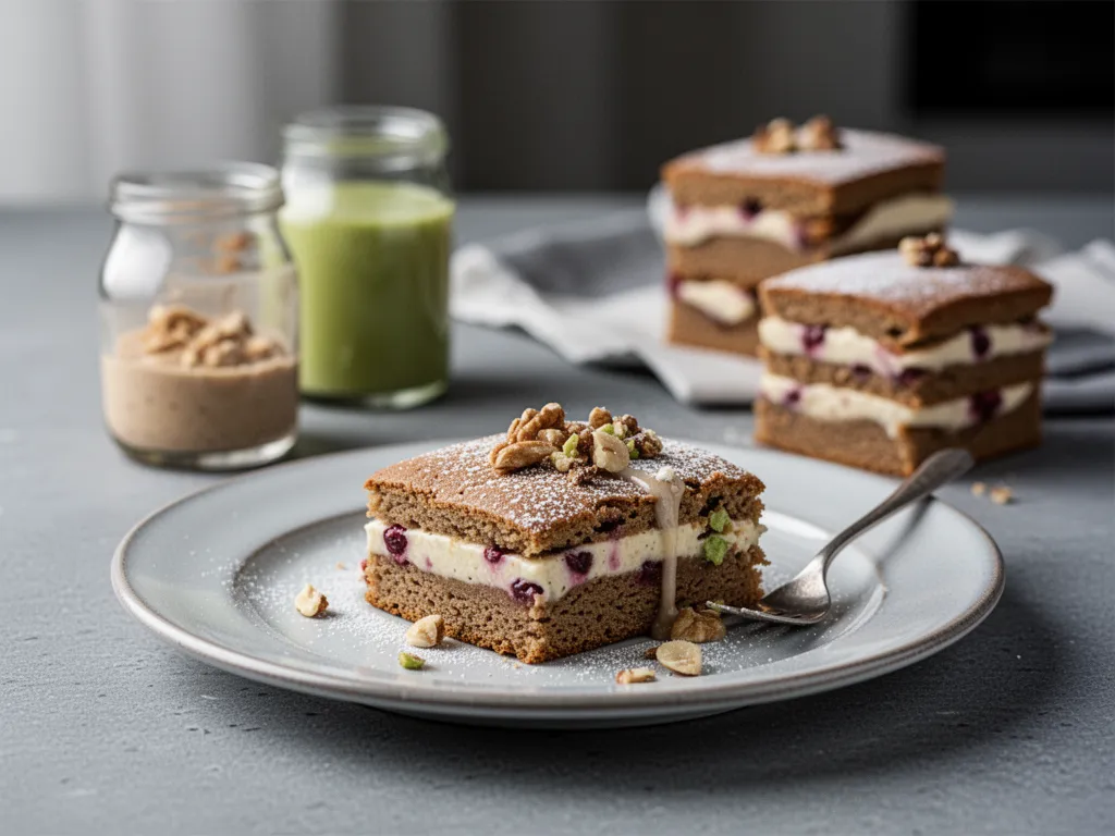 Assiette avec une part de gâteau moelleux aux amandes et poires, une mousse au chocolat onctueuse, et un cookie sain aux