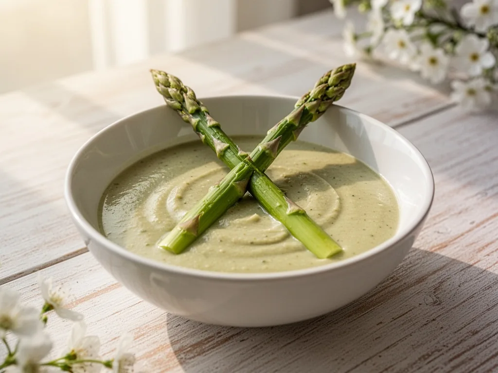 A bowl of creamy asparagus velouté with two green asparagus spears crossed on top, served on a light wooden table, soft