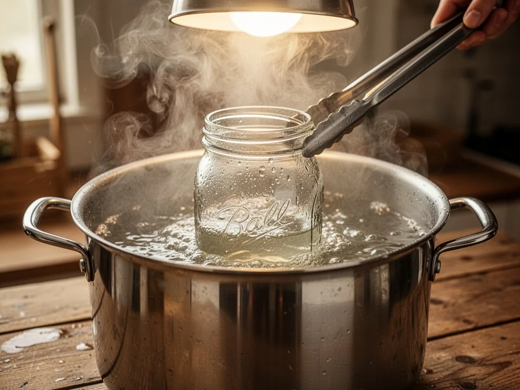 A glass canning jar fully submerged in a large stainless steel pot of vigorously boiling water, steam billowing upward,