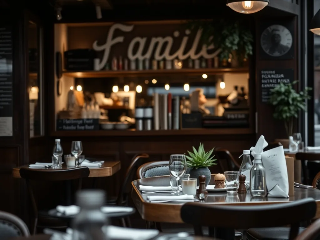 Famille attablée dans un restaurant lumineux à Lille, avec des enfants qui jouent près d’une petite structure en bois et des