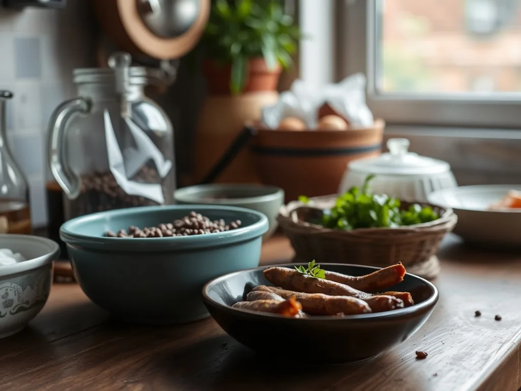 Cocotte en fonte avec saucisses fumées et lentilles vertes nappées d'un bouillon épais, persillées, servies dans une