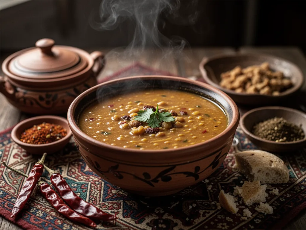 Bol de harira fumante avec pois chiches, vermicelles, coriandre et citron, sur une table en bois, devant une presse-purée et